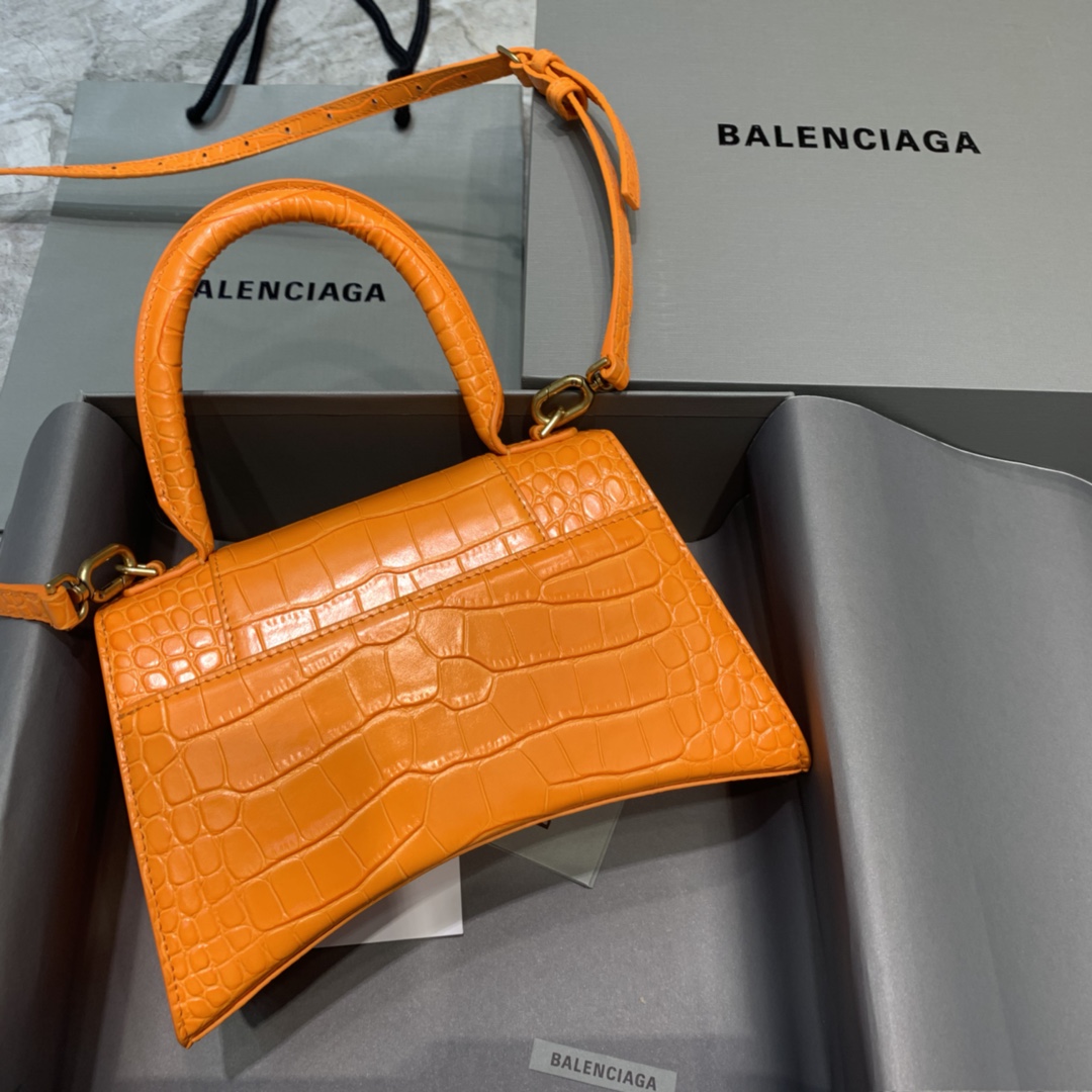 Balenciaga Hourglass Small Handbag Crocodile Embossed Shoulder Bag Orange